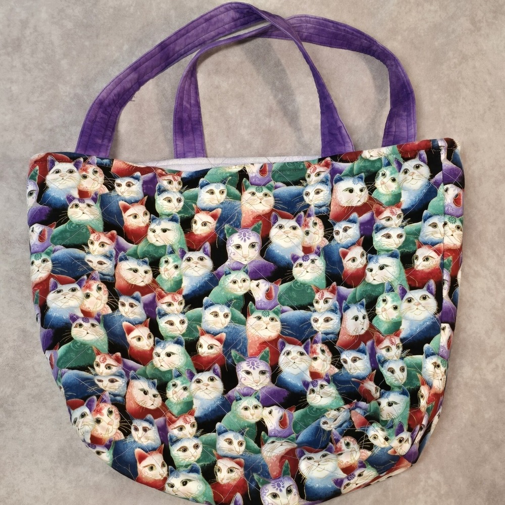 Cat Kitten Lover Large Tote Bag Handmade Purple Pockets Cat‎ Lady Gift NEW